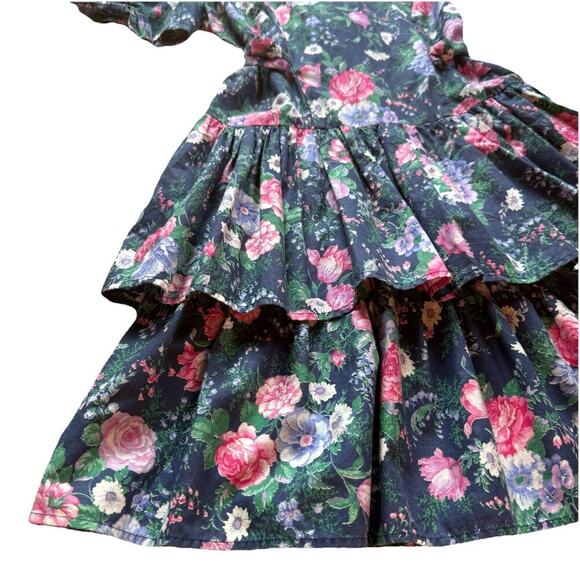 Vtg 90's My Michelle Girls Blue Floral Puff Sleeve Lace Cottagecore Dress Sz 10 - Picture 3 of 12